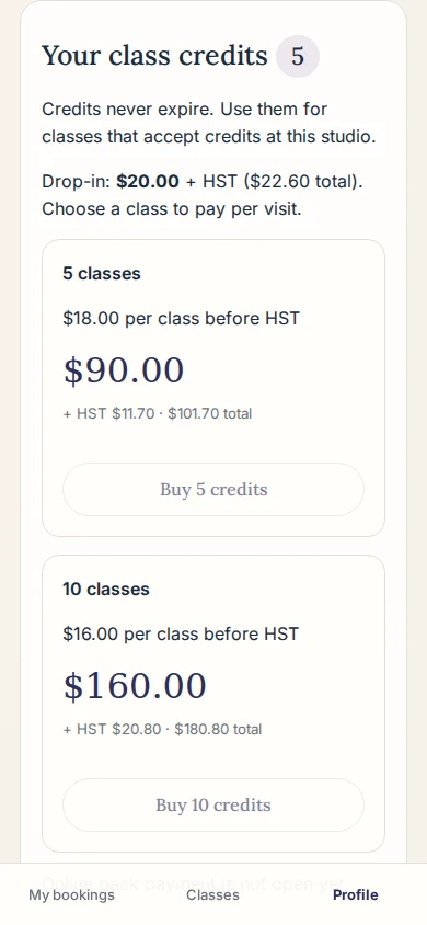 Your class credits screen